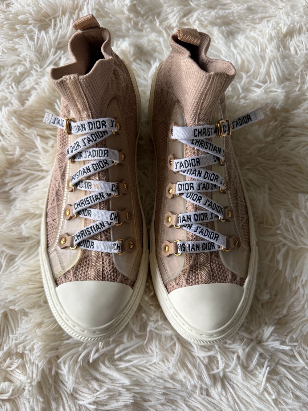 Dior Beige and White Knit High-Top Sneakers with Logo Laces